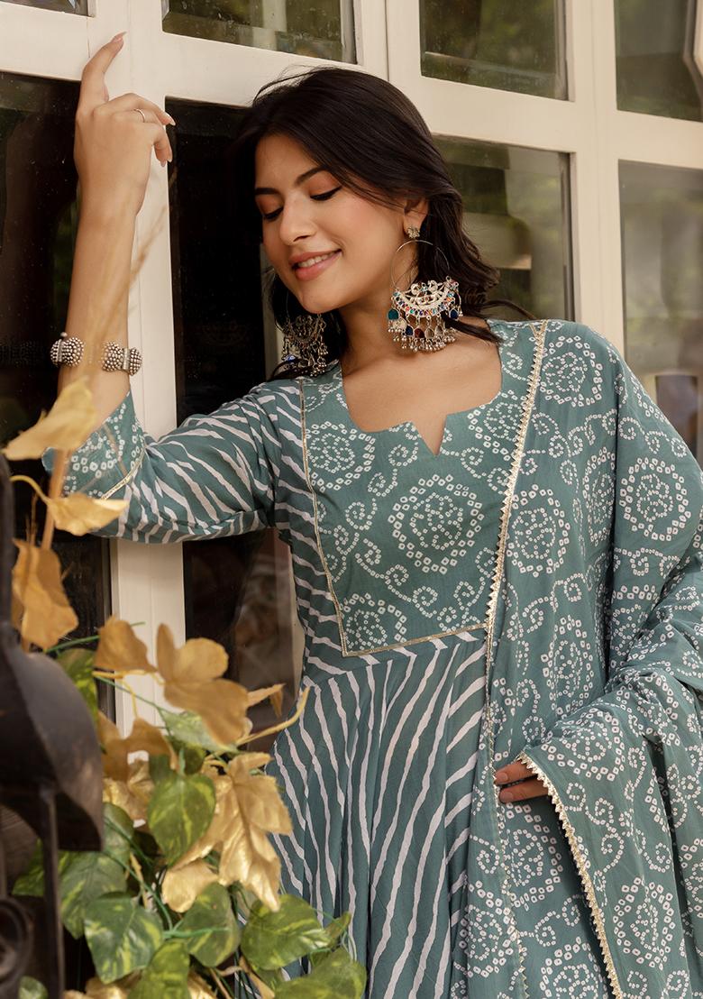 Dusty Blue Embroidered Cotton Anarkali set