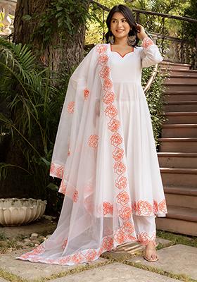 White Embroidered Cotton Anarkali set