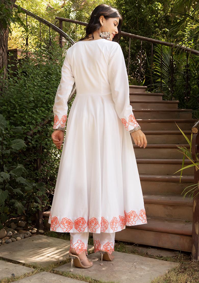 White Embroidered Cotton Anarkali set