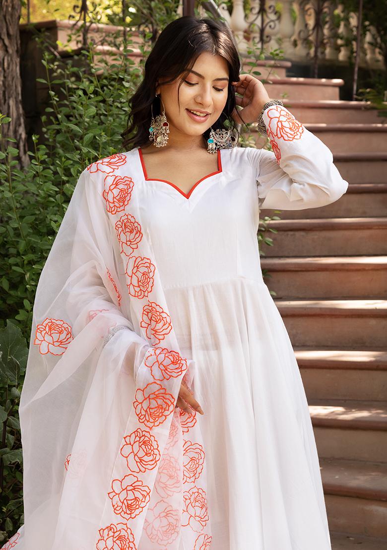 White Embroidered Cotton Anarkali set