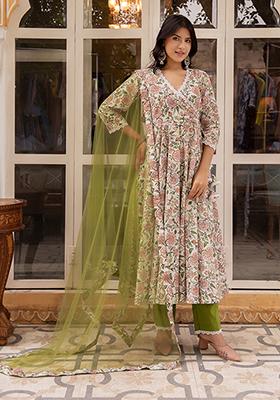 Green Net Cotton Anarkali set
