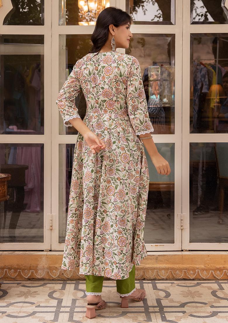 Green Net Cotton Anarkali set