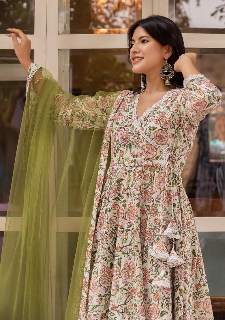 Green Net Cotton Anarkali set