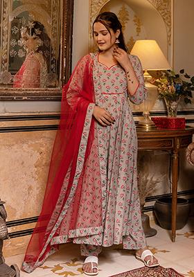 Grey Net Cotton Anarkali set