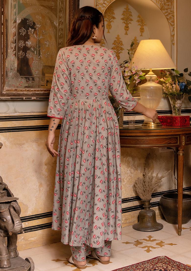 Grey Net Cotton Anarkali set