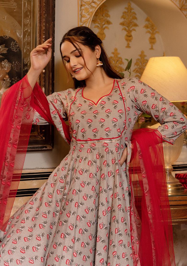 Grey Net Cotton Anarkali set