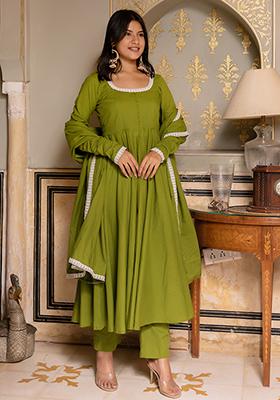 Green Embroidered Cotton Anarkali set