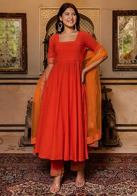 Orange Net Cotton Anarkali set
