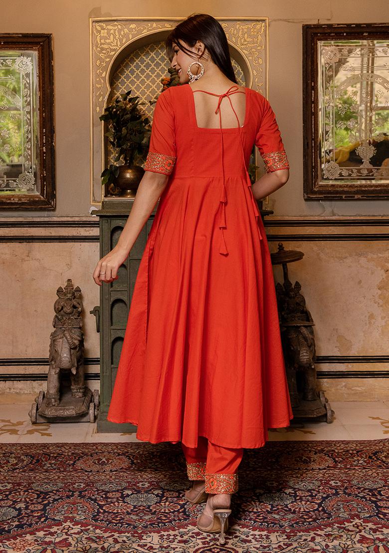 Orange Net Cotton Anarkali set