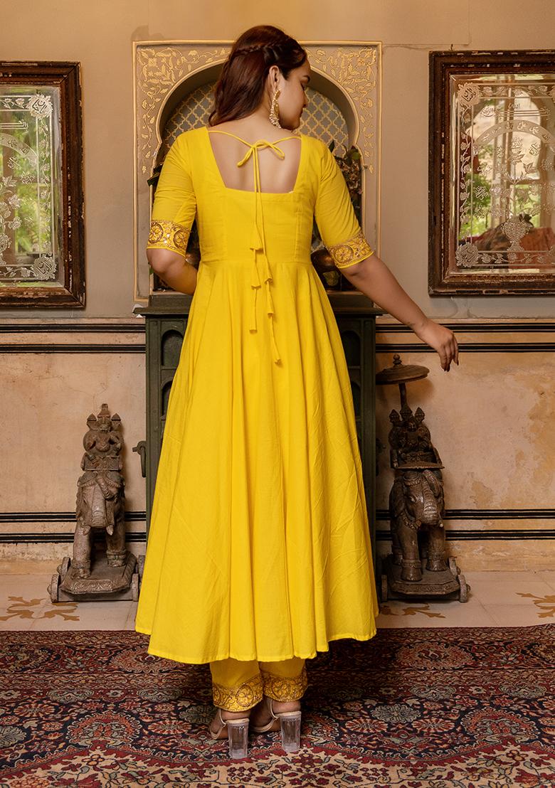 Yellow Net Cotton Anarkali set