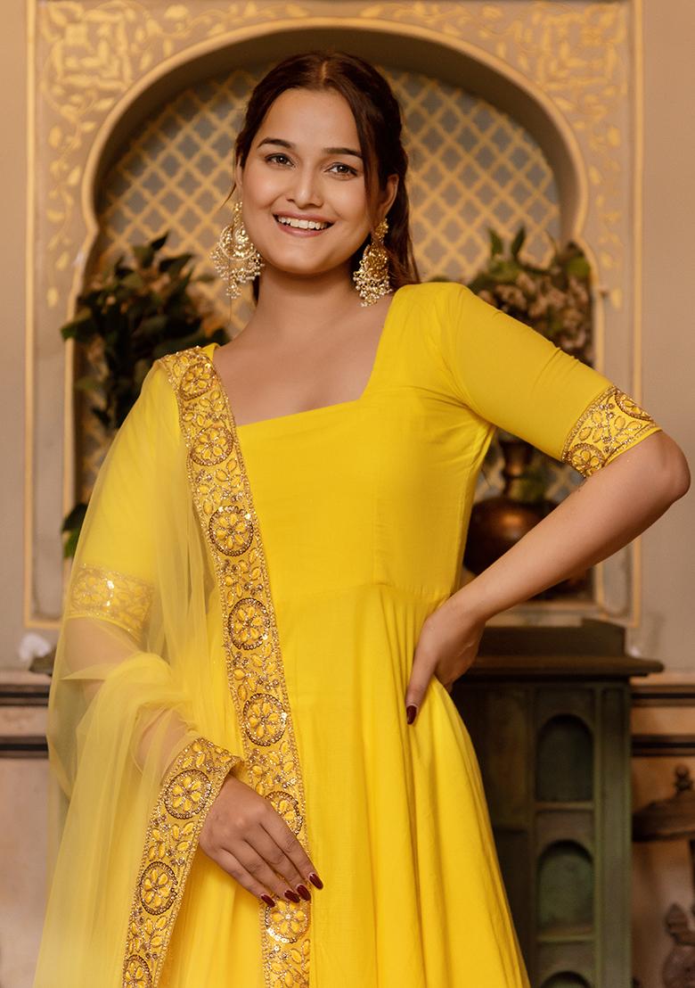 Yellow Net Cotton Anarkali set
