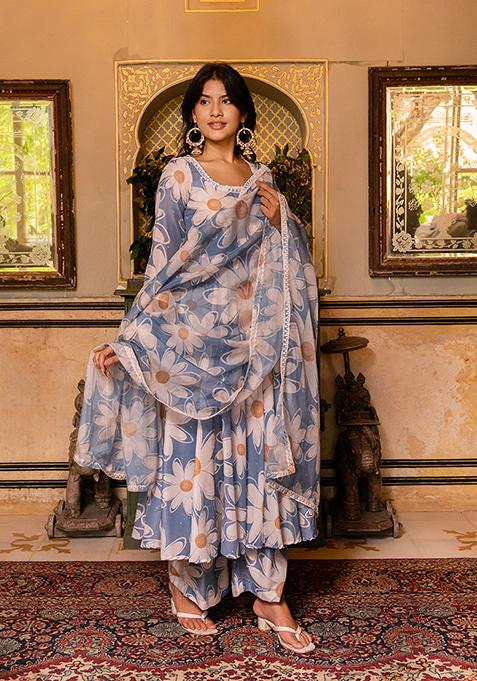 Blue Printed Muslin Anarkali set
