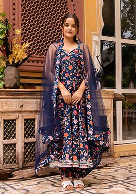 Blue Net Cotton Anarkali set