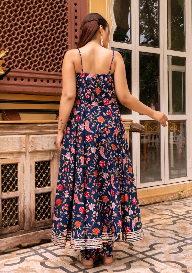 Blue Net Cotton Anarkali set