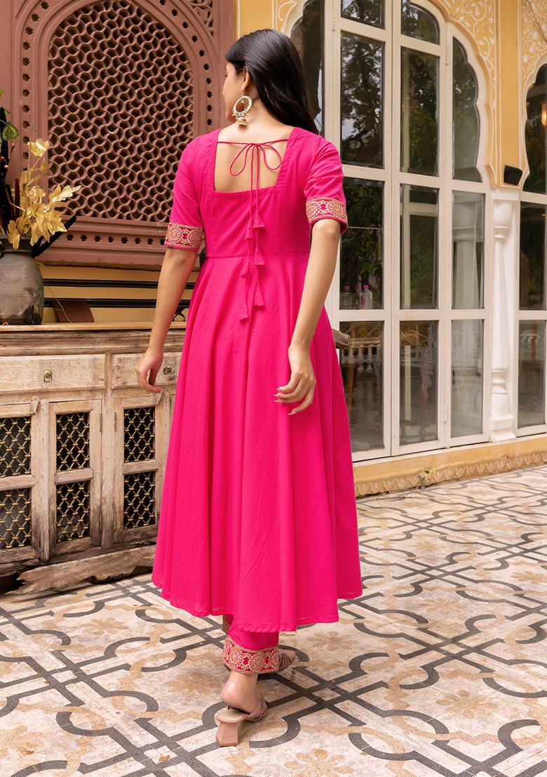 Pink Net Cotton Anarkali set