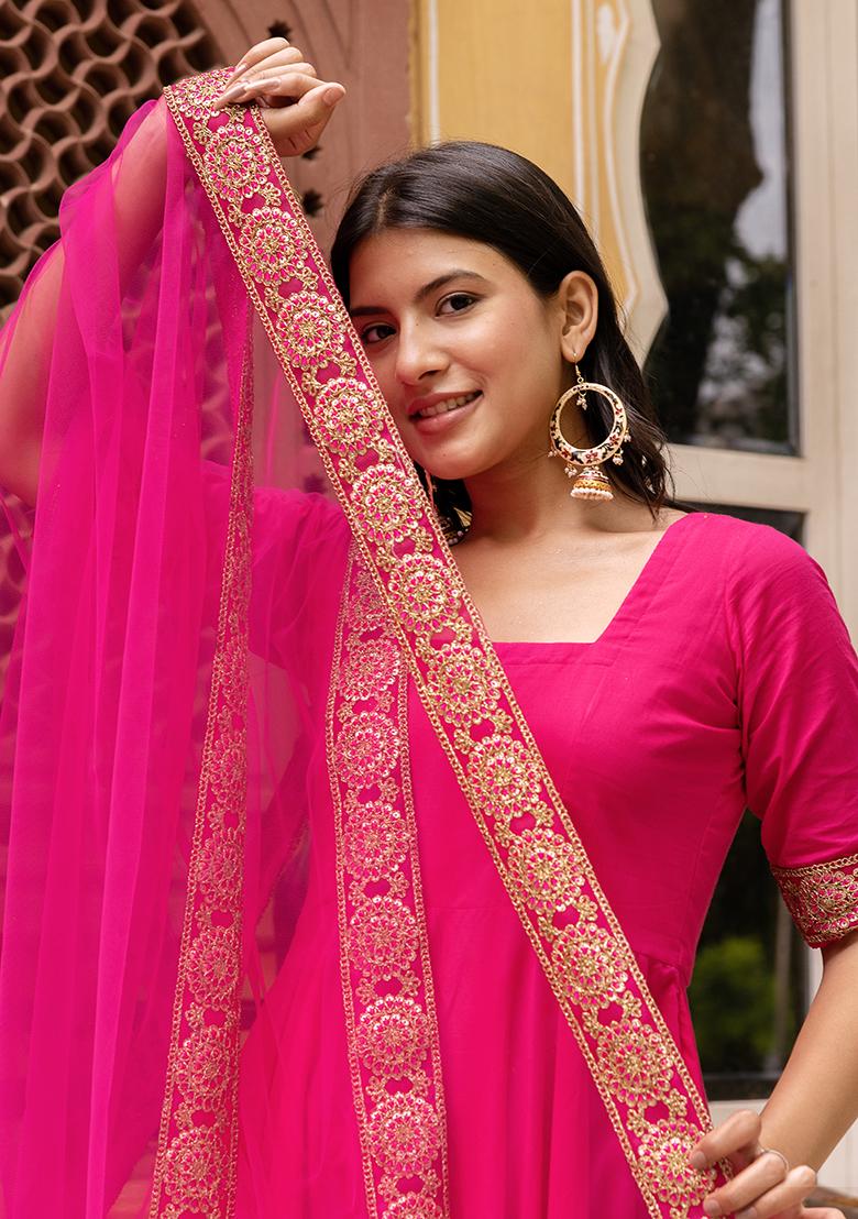 Pink Net Cotton Anarkali set