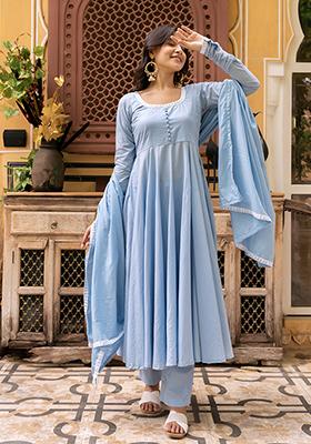 Blue Embroidered Cotton Anarkali set