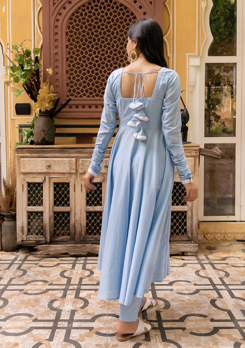 Blue Embroidered Cotton Anarkali set