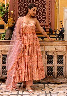 Peach Net Cotton Anarkali set