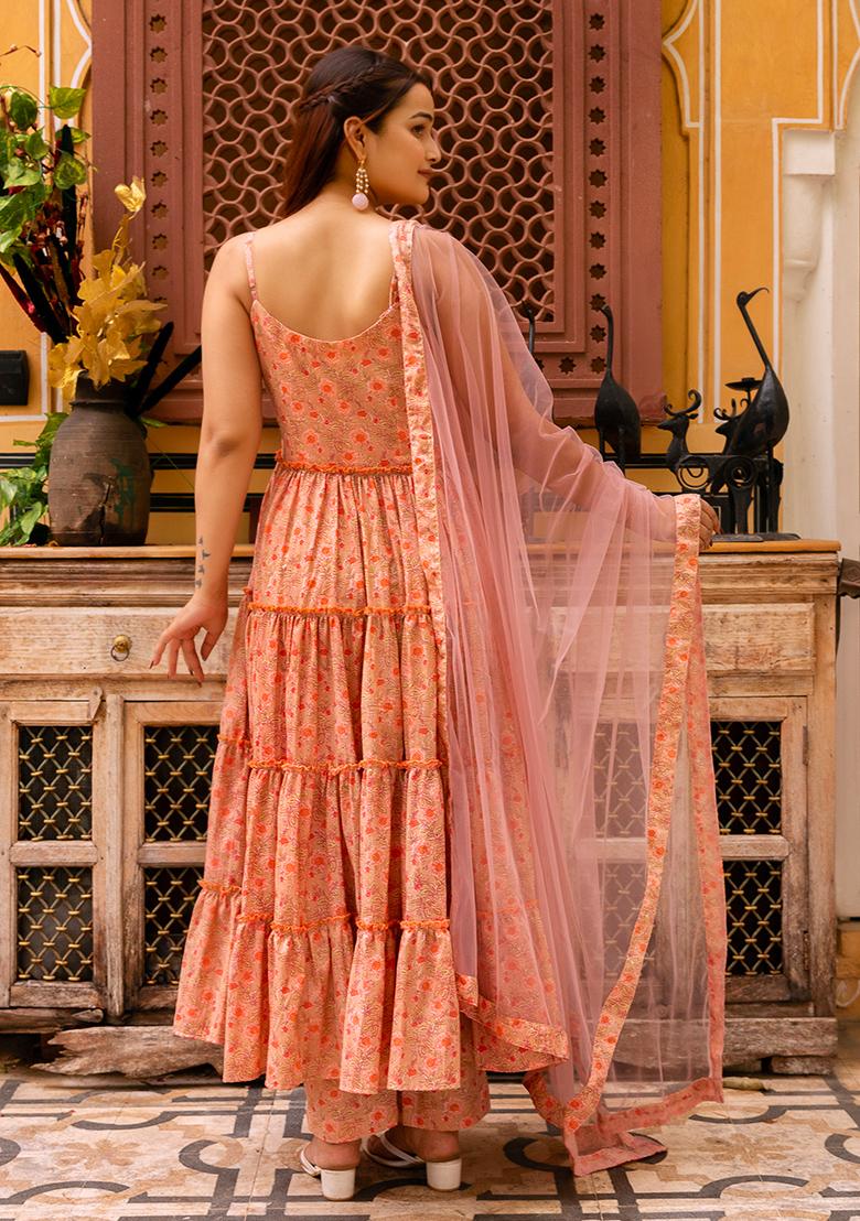 Peach Net Cotton Anarkali set