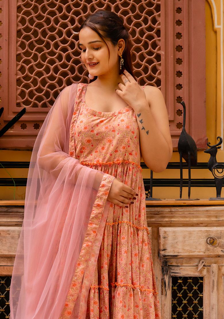 Peach Net Cotton Anarkali set