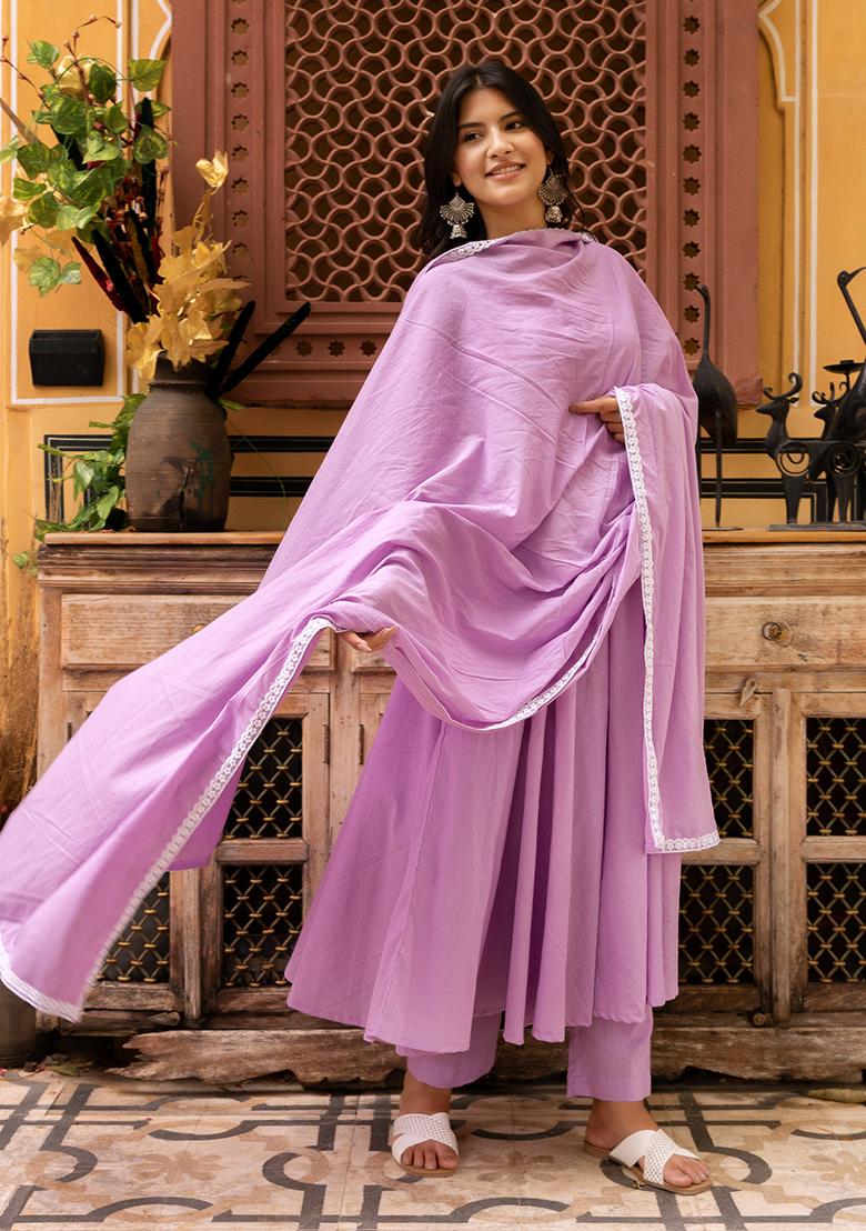 Lilac Embroidered Cotton Anarkali set