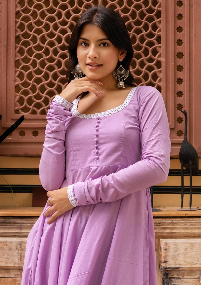 Lilac Embroidered Cotton Anarkali set