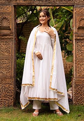 White Embroidered Cotton Anarkali set
