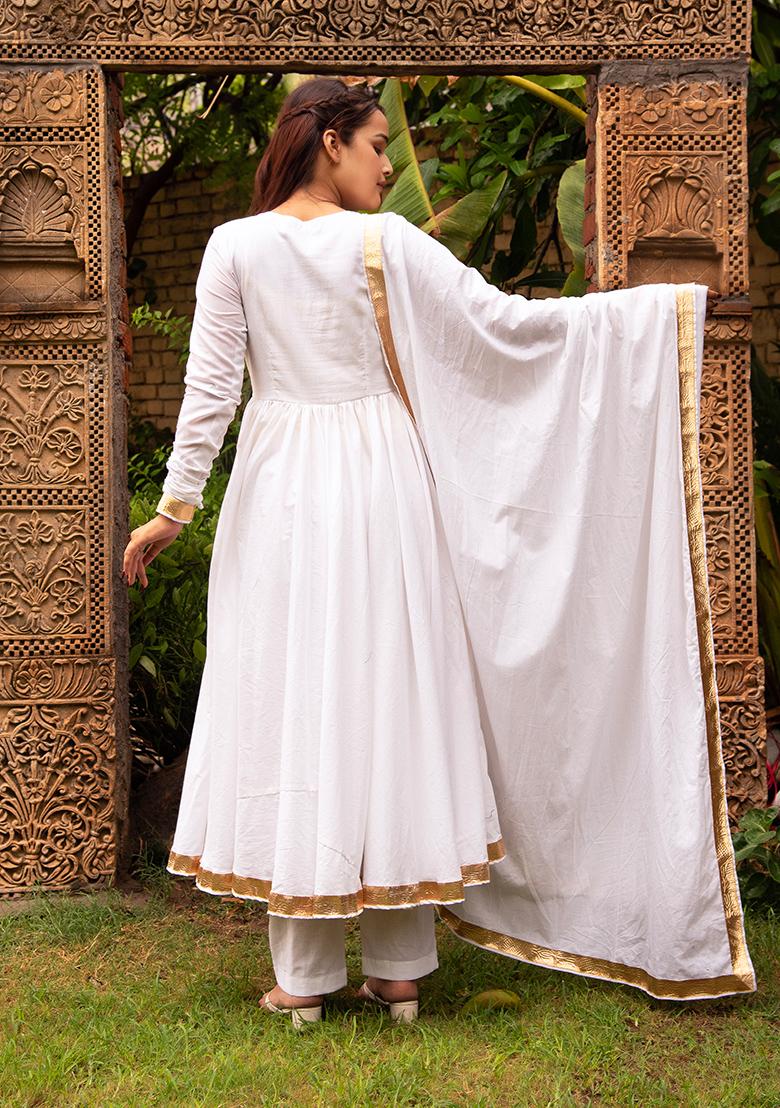 White Embroidered Cotton Anarkali set