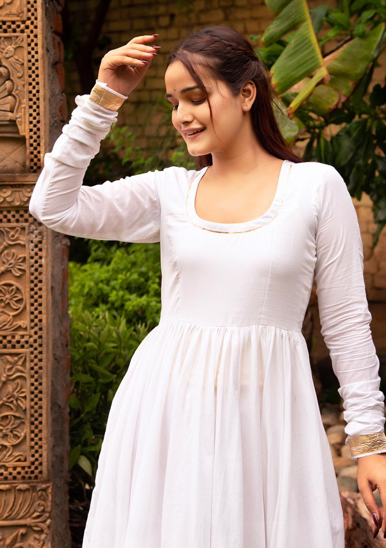 White Embroidered Cotton Anarkali set