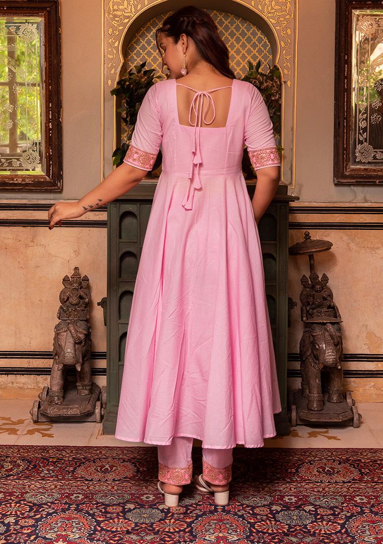 Pink Net Cotton Anarkali set