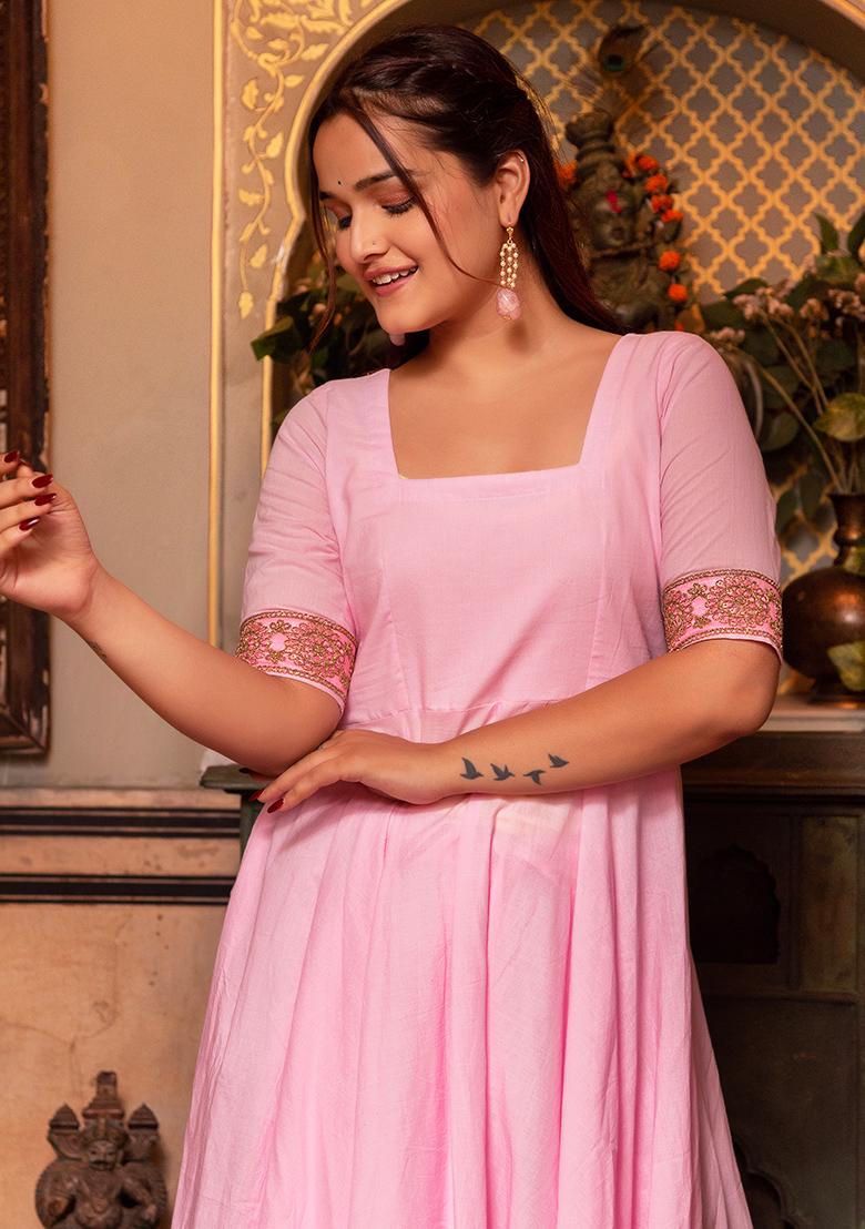 Pink Net Cotton Anarkali set