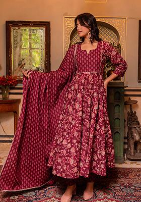 Maroon Embroidered Cotton Anarkali set