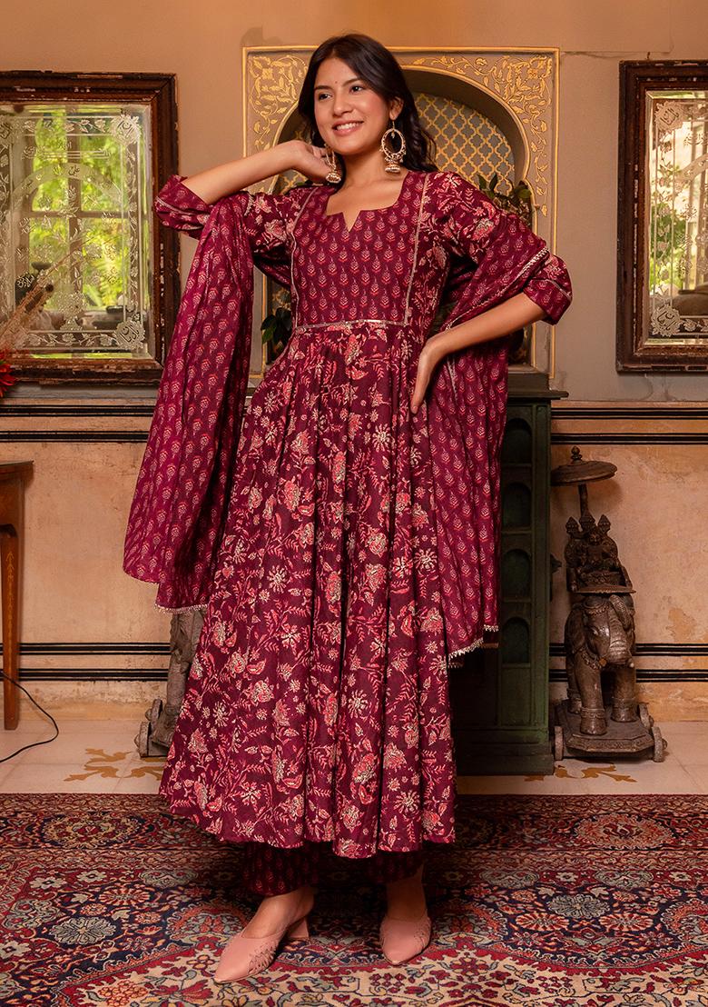 Maroon Embroidered Cotton Anarkali set