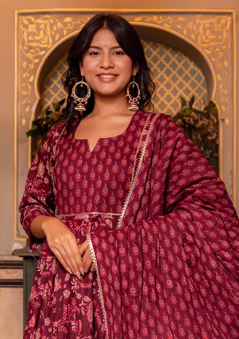 Maroon Embroidered Cotton Anarkali set