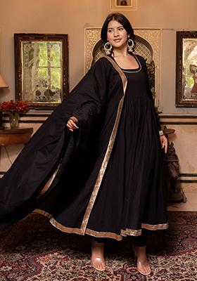 Black Embroidered Cotton Anarkali set