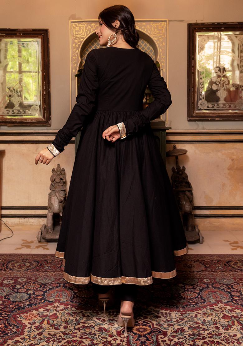 Black Embroidered Cotton Anarkali set