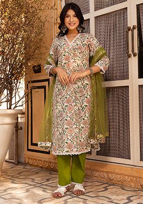 Green Floral Cotton Kurta Set