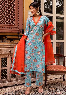 Blue Floral Cotton Kurta Set