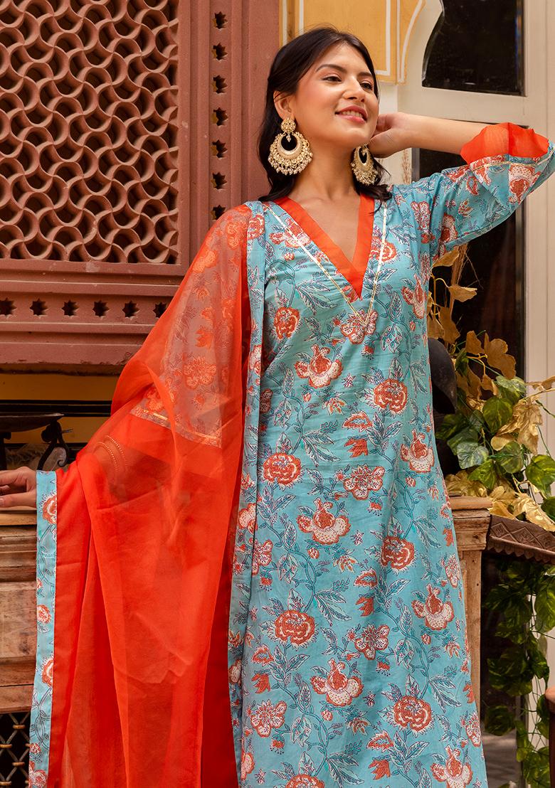 Blue Floral Cotton Kurta Set
