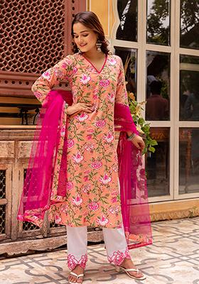 Peach Net Cotton Kurta Set