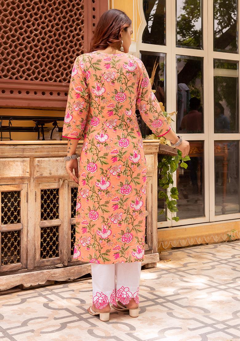 Peach Net Cotton Kurta Set