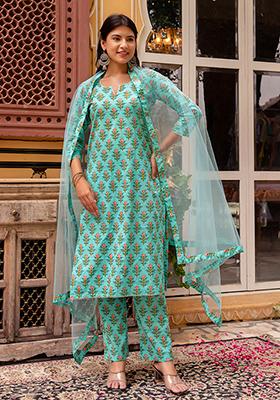 Aqua Green Net Cotton Kurta Set