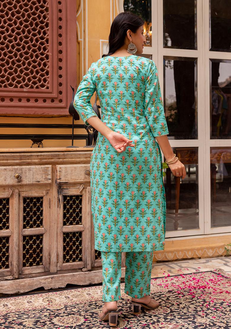 Aqua Green Net Cotton Kurta Set