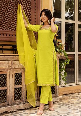 Green Embroidered Cotton Kurta Set
