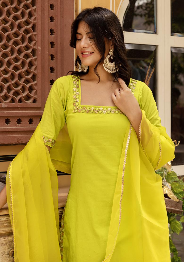 Green Embroidered Cotton Kurta Set