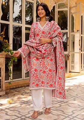 Red Floral Cotton Kurta Set