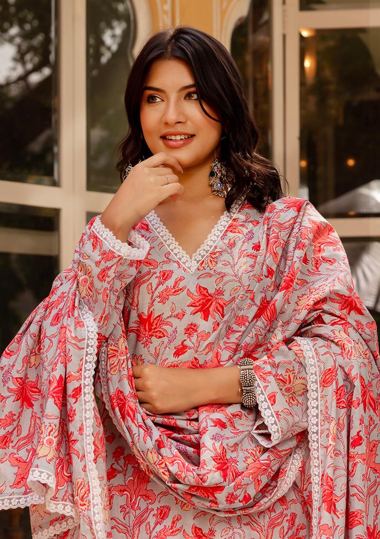 Red Floral Cotton Kurta Set
