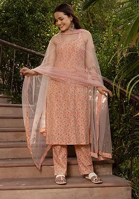 Peach Net Cotton Kurta Set
