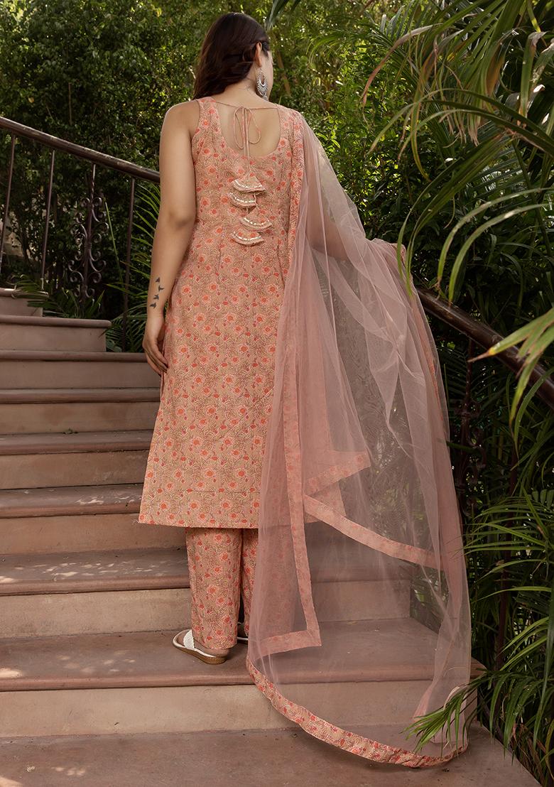Peach Net Cotton Kurta Set